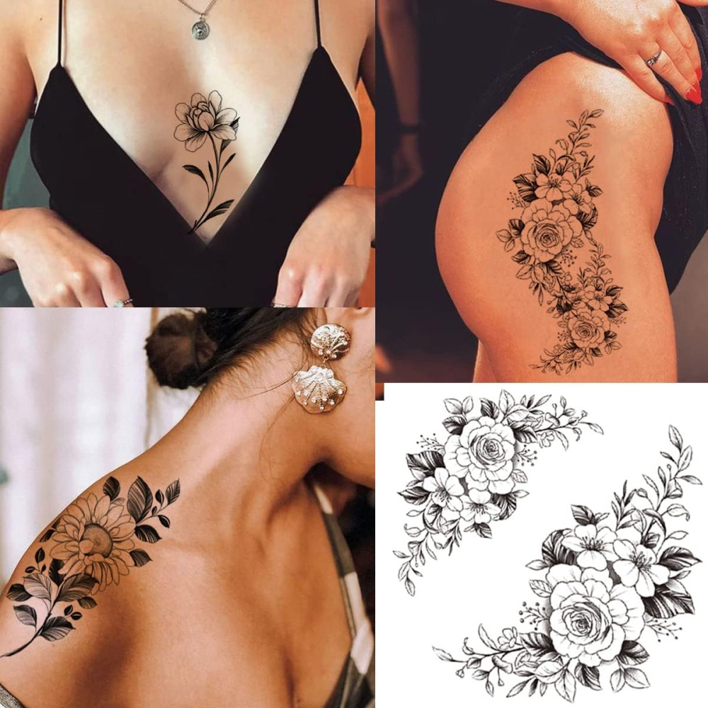 Tazimi 10 Sheets 3D Black Flower Rose Temporary Tattoos For ..