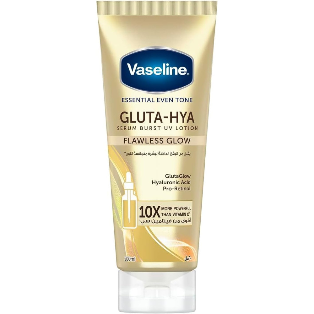Vaseline Essential Even Tone Body Lotion with moisturising petroleum jelly, Flawless Glow, Gluta-Hya Serum Burst UV, 10X More Powerful than Vitamin C, 200ml